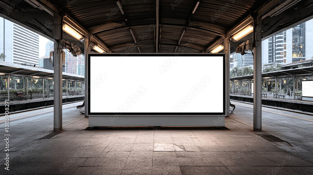 Blank billboard at a train station platform with city buildings in the background during the daytime Blank billboard at a train station platform with city buildings in the background during the daytime