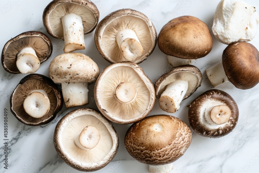 A top down view of various mushrooms scattered on a white marble surface in a close up shot A top down view of various mushrooms scattered on a white marble surface in a close up shot