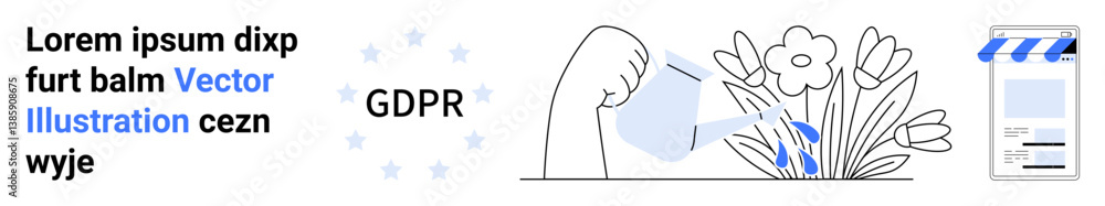 Fototapeta premium Hand watering flowers symbolizing growth and care, GDPR text, and UI elements. Ideal for data privacy, legal, security, compliance, business, marketing simple landing page