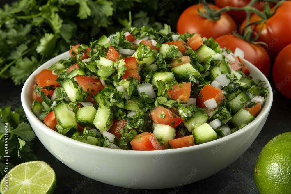 A white bowl filled with a vibrant salad of tomatoes cucumbers and herbs on a dark surface A white bowl filled with a vibrant salad of tomatoes cucumbers and herbs on a dark surface
