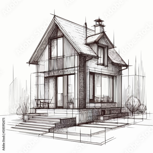 Sketch of a cozy house with steps and garden in a detailed architectural design