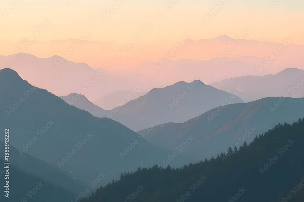 Fototapeta premium Misty Mountains at Sunrise in Pastel Colors