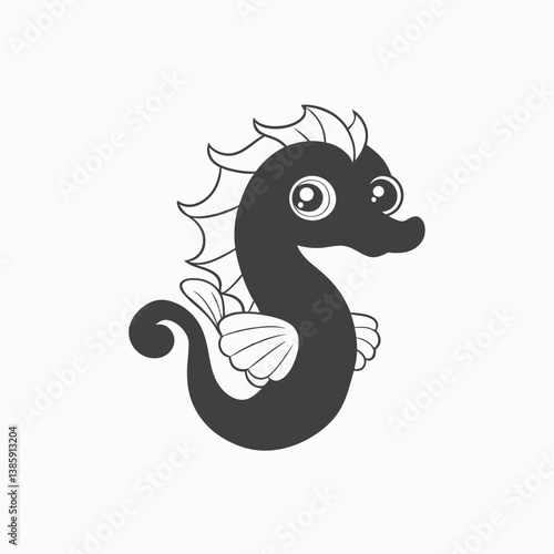 Black silhouette Coloring Page With Cartoon Sea Horseanimal, book, cartoon, character, minimalist head logo, Icon, element. Vector illustration