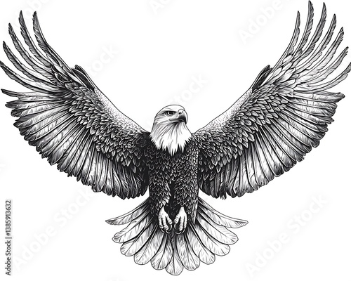 Majestic eagle wings outstretched, graceful feathers in flowing line art