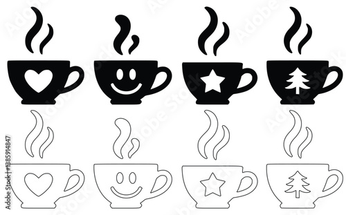 Decorative Coffee Cups With Holiday And Everyday Designs Illustration Set
