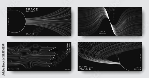 Set of abstract space astronomy horizontal backgrounds. Line art planet, galaxy, eclipse, black hole. Science future concept. Cosmic minimalist design for cover, poster, banner, wall, brochure