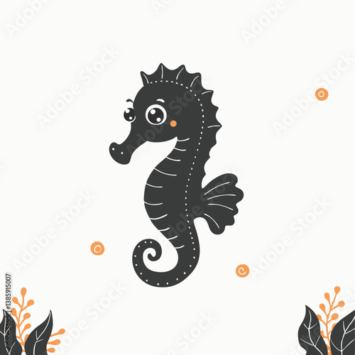 Black silhouette Coloring Page With Cartoon Sea Horseanimal, book, cartoon, character, minimalist head logo, Icon, element. Vector illustration