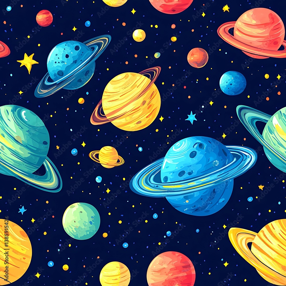 Vibrant Colorful Planets Seamless Pattern Space Galaxy Stars Background art fun web kids cute solar Vibrant Colorful Planets Seamless Pattern Space Galaxy Stars Background art fun web kids cute solar
