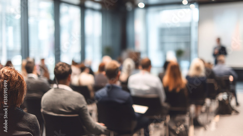 Blurred audience members attentively listening to a speaker at a corporate conference event setting