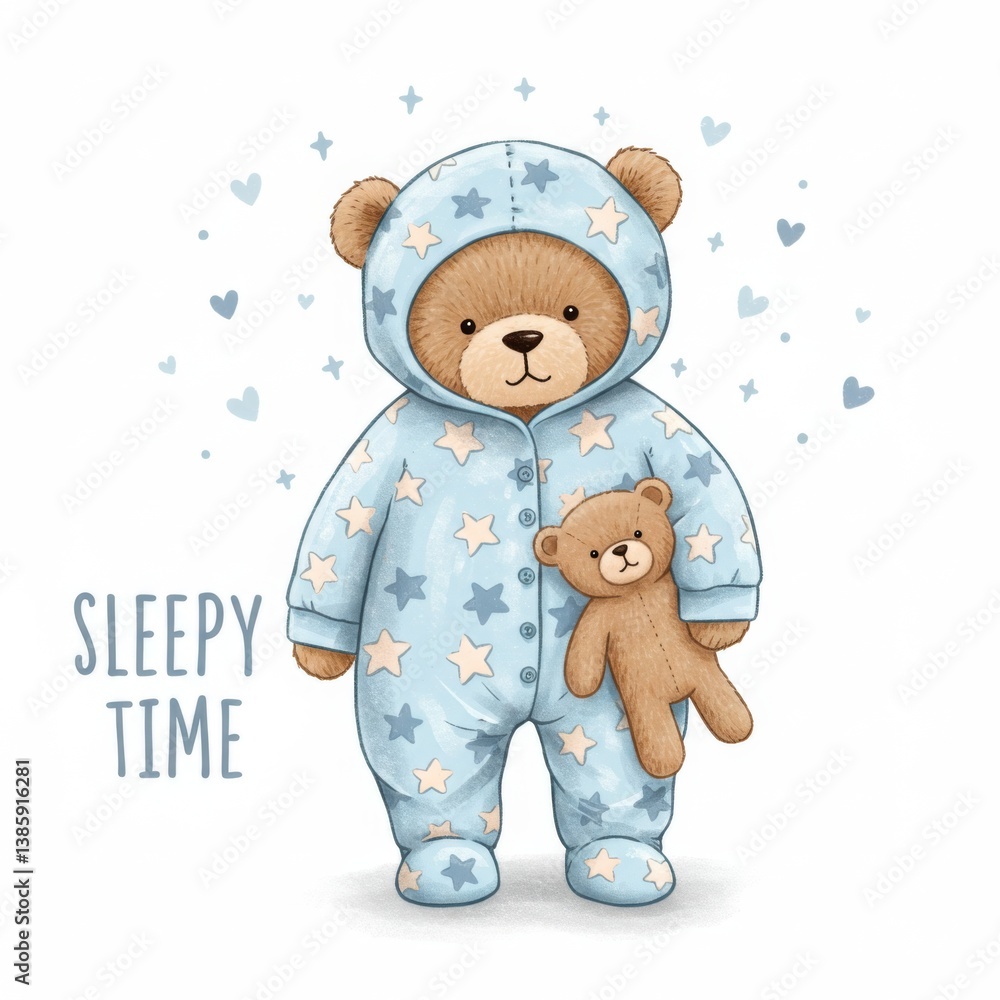 Adorable teddy bear in star pajamas with toy for sleepy time concept art