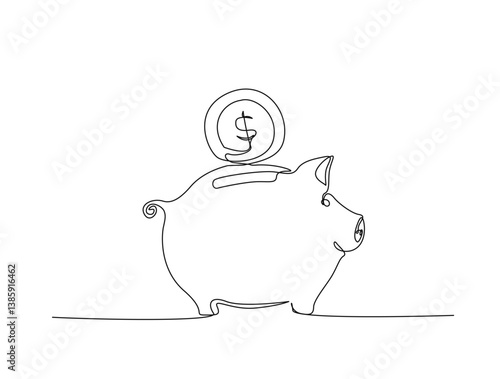 Piggy bank in single line draw illustration. Continuous one line drawing of pig saving money box. Editable stroke.