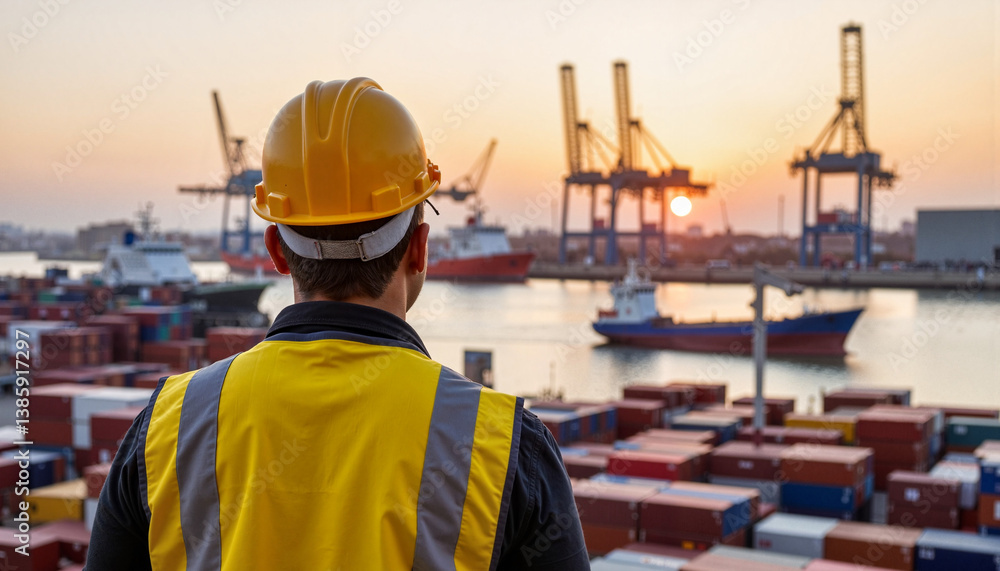 Worker observing shipping containers at sunset Worker observing shipping containers at sunset