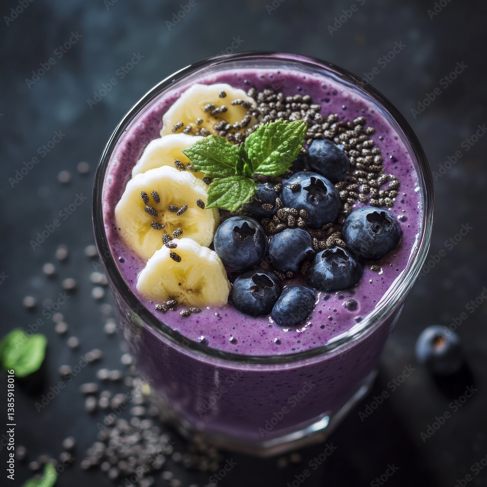 A smoothie glass with blueberries, banana, and almond milk. Featuring a healthy drink A smoothie glass with blueberries, banana, and almond milk. Featuring a healthy drink