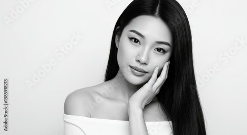 Elegant black and white portrait of thoughtful woman with long hair