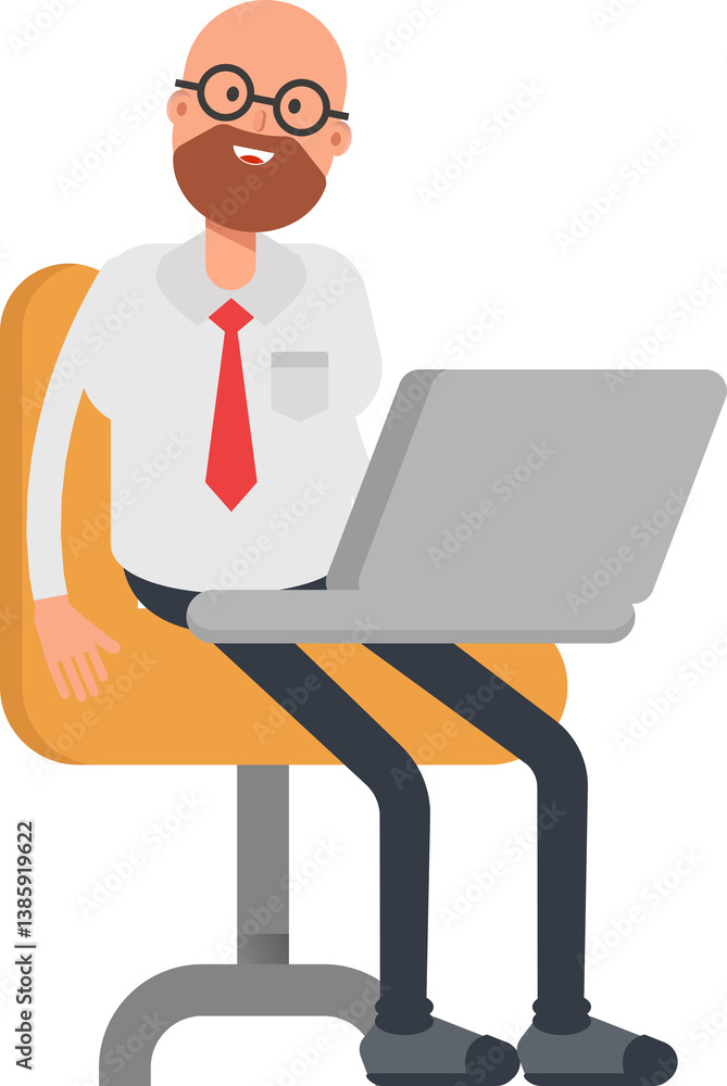 Bald Businessman Character Working on Laptop
Bald Businessman Character Working on Laptop