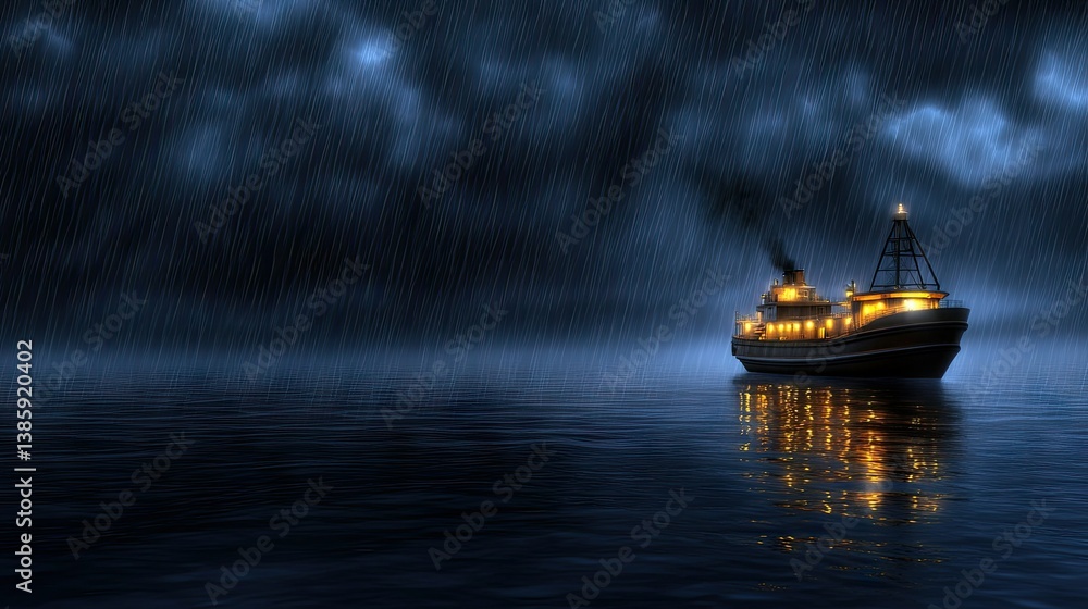 Naklejka premium A ship is seen bravely navigating through a stormy night, illuminated by warm lights as rain pours and dark clouds loom overhead, creating a dramatic atmosphere on the water.