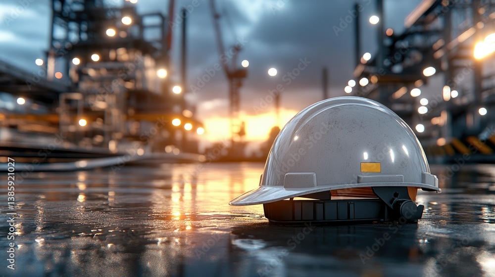 Safety helmet resting on wet ground at industrial site during sunset with cranes and machinery in background Safety helmet resting on wet ground at industrial site during sunset with cranes and machinery in background