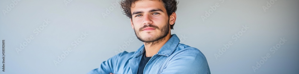 Obraz premium Confident young caucasian male posing in blue jacket against gray background