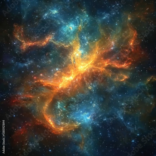 Fototapeta Naklejka Na Ścianę i Meble -  Ethereal cosmic nebula with vibrant orange and blue hues creating a celestial spectacle of stellar dust and gas in deep space