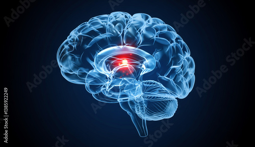 Translucent 3D Human Brain with Central Red Highlight - Neurological and Medical Focus - 3d rendered illustration of a human brain