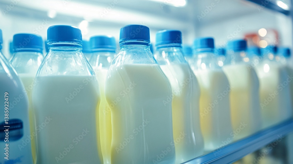 Plastic bottles full of fresh milk standing in a row in refrigerator Plastic bottles full of fresh milk standing in a row in refrigerator