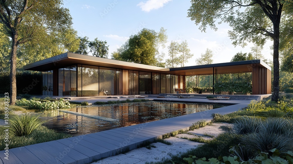 Serene Modern Home nestled in lush greenery reflecting sunlight on tranquil water minimalist design Serene Modern Home nestled in lush greenery reflecting sunlight on tranquil water minimalist design
