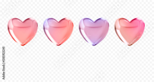 Set of 3d vector holographic glass hearts.