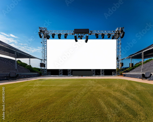 Large outdoor performance stage with contemporary rigging, beam lighting, sound equipment, and white mockup background