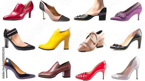Stylish shoes, various types of footwear the shopping girl loves to wear, from sneakers to heels isolated on transparent background