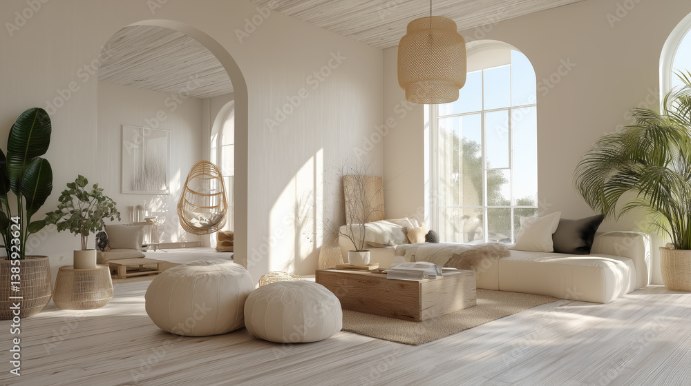 Fototapeta premium Modern living room interior in boho style with furniture