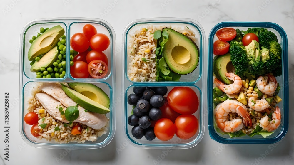 Healthy Meal Prep Containers with Balanced Food Portions on Marble Background Healthy Meal Prep Containers with Balanced Food Portions on Marble Background
