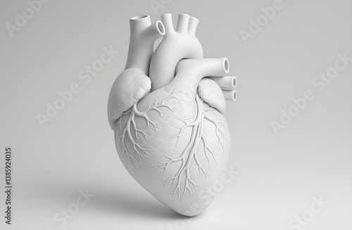 white anatomical heart sculpture with intricate veins on white background