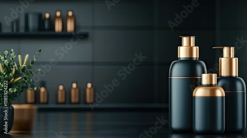 Wallpaper Mural Elegant black and gold cosmetic bottles arranged on a sleek countertop in a modern setting with plant accents Torontodigital.ca