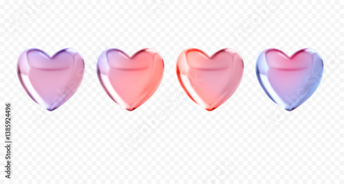 Set of 3d vector multicolored crystal glass hearts
