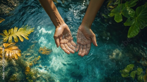 Hands Cupping Fresh Water from a Clear River Stream in Lush Nature