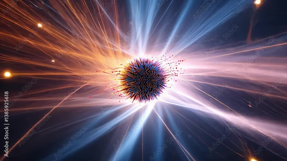 Interstellar Energy Burst: A vibrant depiction of a celestial body exploding with energy, illustrated with dynamic rays of light, against a backdrop of deep space.