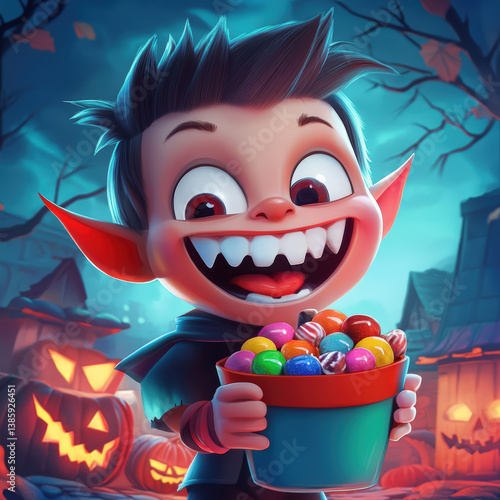A joyful vampire kid with oversized fangs, laughing while holding a colorful Halloween candy bucket, misty glowing background