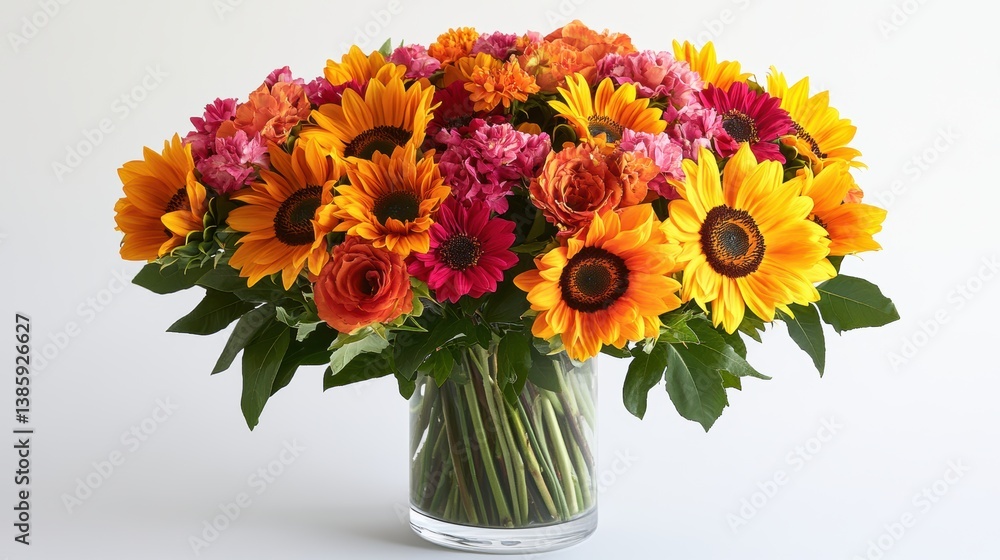 Obraz premium A bouquet of vibrant sunflowers in a glass vase, against a white background