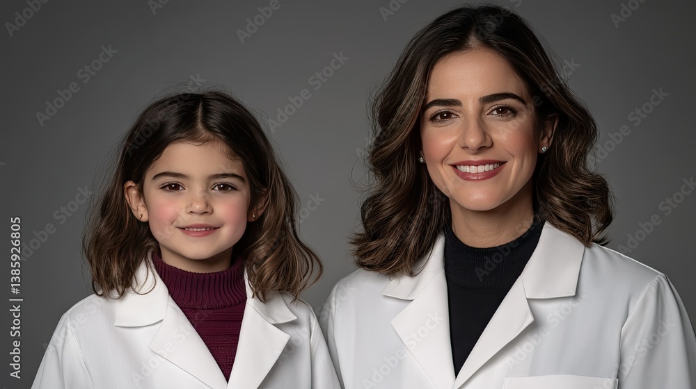 Mother and daughter in white coats share a smile in a studio setting while promoting the importance of health and education in the medical field Mother and daughter in white coats share a smile in a studio setting while promoting the importance of health and education in the medical field