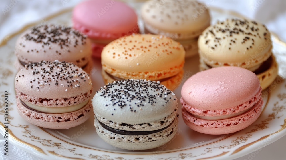 Fototapeta premium A collection of assorted macarons in pastel colors, elegantly placed on a white background