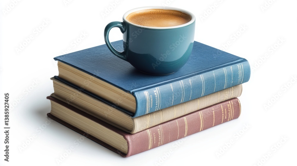 Fototapeta premium A stack of hardcover books with a coffee cup on top, on a white background