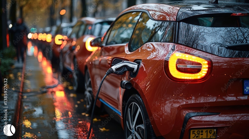 Electric cars charging in a row on a rainy city street.