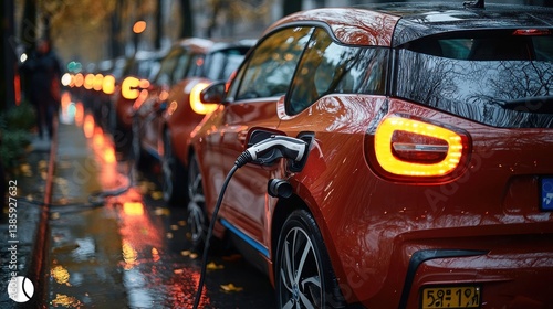 Electric cars charging in a row on a rainy city street.