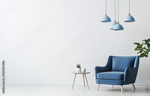 Modern minimalist living room with blue armchair and pendant lights
