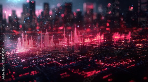 Futuristic cityscape at night, digital data visualized as skyscrapers.