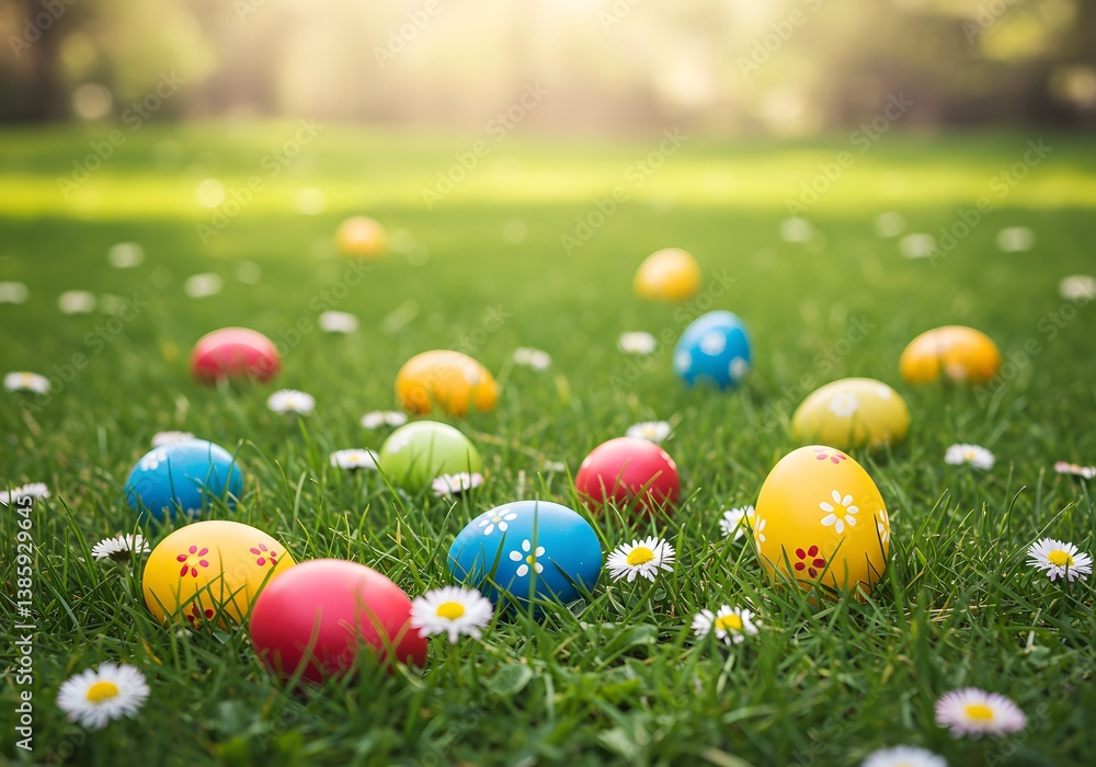Colorful Easter Eggs Scattered on Green Grass with Daisies Spring Holiday Background. Colorful Easter Eggs Scattered on Green Grass with Daisies Spring Holiday Background.