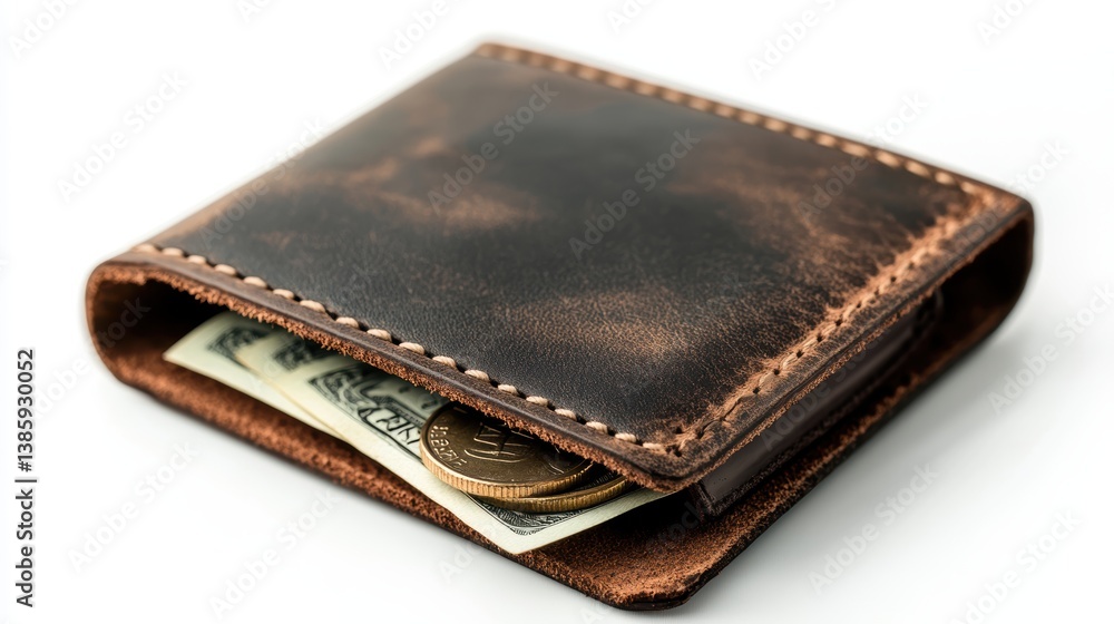 A minimalist black leather wallet open with cash and coins inside, on a white background A minimalist black leather wallet open with cash and coins inside, on a white background