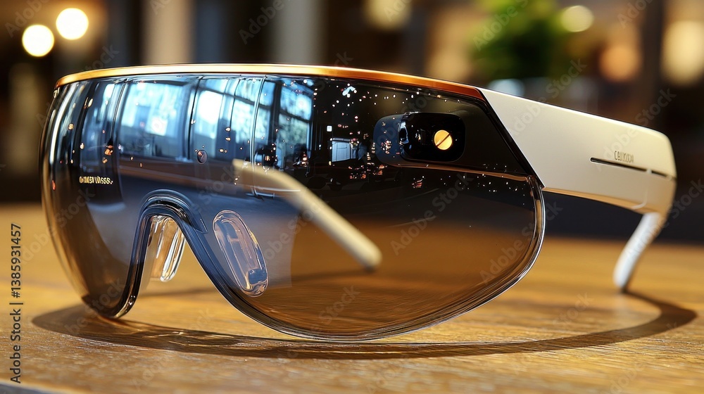 Futuristic smart glasses on wooden table.