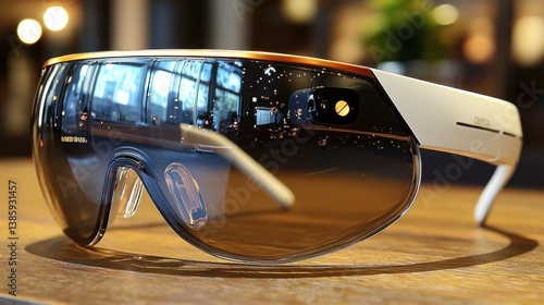 Obraz na płótnie Futuristic smart glasses on wooden table. w salonie
