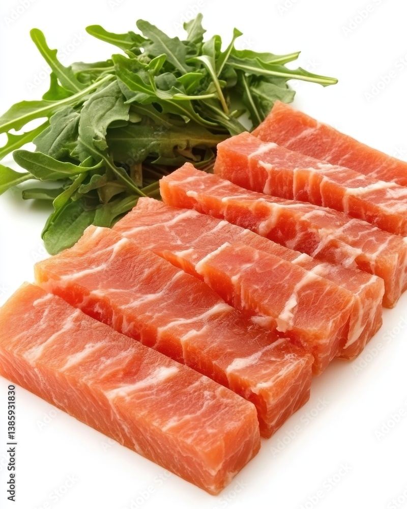 Sliced cured ham blocks with fresh arugula leaves on a clean white background studio shot food photography culinary delicacy gourmet Sliced cured ham blocks with fresh arugula leaves on a clean white background studio shot food photography culinary delicacy gourmet